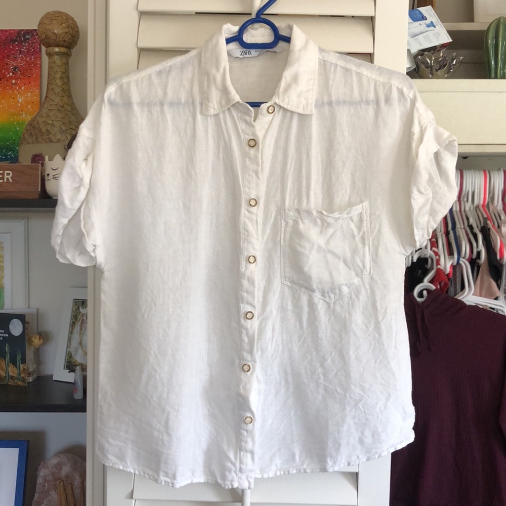 Small White Zara linen short sleeve shirt